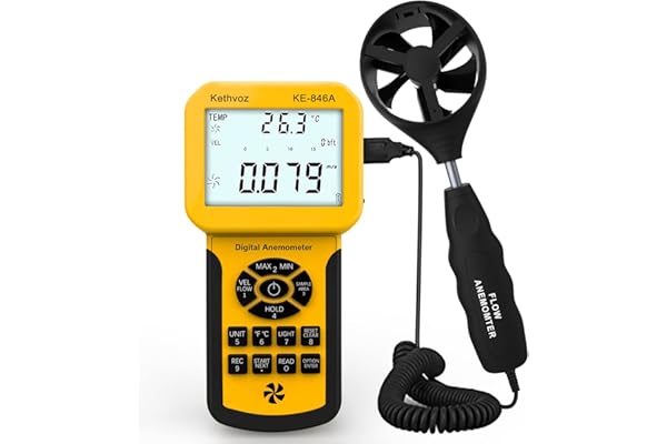 Kethvoz Anémomètre VMC Debimetre, Anemometre Mesure Débit Air Volume CFM Tester Vitesse du Vent Température pour Système AC, Mesureur vitesse l'air industriel avec MAX MIN AVG Stockage Données