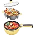 Audecook Hot Pot Electric,Mini Electric Skillet Portable Nonstick Sauté Pan with Power Adjustment, Rapid Ramen Cooker Travel Multicooker Electric Pot for Steak/Soup (B(yellow/1.5L with steamer))