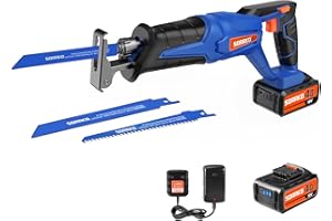 SORAKO Reciprocating Saw, 18V Cordless Reciprocating Saw with 4.0Ah Capacity, 0-3000SPM Variable Speed Electric Saw, 2 PCS Saw Blades, 20mm Stroke Length, Ideal for Wood and Metal Cutting