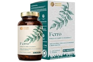 Nature Basics® ferro naturale certificato e sostenibile in un barattolo | 180 (!) capsule altamente dosate | 14mg di ferro e 80mg di vitamina C per capsula | puro da foglie di curry e rosa canina