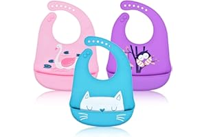 FILOWA Baby Bibs Silicone Feeding Bibs Babies Weaning Waterproof Wide Food Crumb Catcher Pocket Toddlers Unisex Kids Soft Easily Wipe Clean Animal Design Machine Washable No-Mess Food Grade, 3 Pieces
