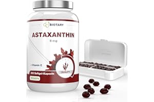 BIOTARY Astaxanthine 8mg 200 capsules softgel végétalien avec vitamine E pilulier inclus haute biodisponibilité Haematococcus Pluvialis super antioxydant