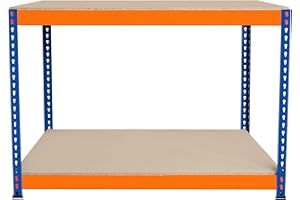 MONSTER RACKING Banco de Trabajo p/Garaje S-Rax 2 Niveles | 120cm x 60cm x 90cm | Capacidad por Nivel 300kg | Montaje Sin Tornillos | 1 Barra de Soporte Reforzada | Patas de Goma | Mesa para taller almacén depósito