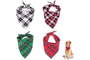 ELEGANTTIN 4 Pcs Dog Bandana Plaid Bibs Scarf Soft Dog Bandanas Classic Plaid Washable Reversible Adjustable Triangle Dog Scarf Bow Ties for Pets and Cats
