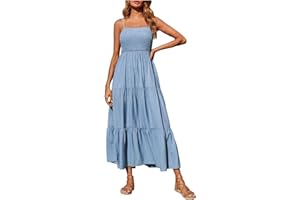 ZEIAYUAS Holiday Beach Dress for Women UK Boho Spaghetti Strap Long Dress Sleeveless Maxi Dress Summer Casual Bandeau Sundress Solid Color Beach Dresses Pleated Swing Loose Maxi Dress