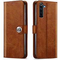 TheGiftKart Genuine Leather Finish Realme 6 Flip Cover Back Case | Inside Pockets & Inbuilt Stand | Wallet Style | Designer Button Magnet Closure (Camel Brown)