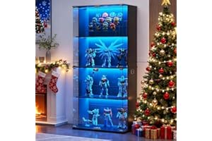 Gurexl 66" Display Cabinets with Glass Door,4 Shelf Curio Storage Cabinet with 3 Color Lights,Bookcase Display Case with Human Body Sensor for Collectiblesbb,Toys,Living Room,Bedroom Furniture,Black