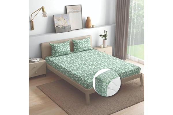 Wakefit Cotton Fitted Bedsheet 200 TC Elastic Fitted Sheet, King Bed Bedsheet with 2 Pillow Covers Floral Hester - 78X72 Inches, Green