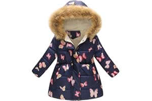 Susenstone Unisexe Manteau A Capuche Col Fourrure Long Coat Mignon Mode A Fleurs Imprimé Hiver Chaud éPais Pour Les Filles Garcons Blouson 3-7 Ans