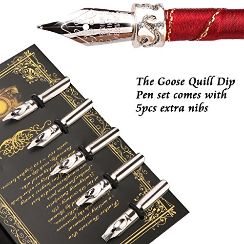 Pen Kit Gänsekiel Dip Pen Kit handgeschnitzt Feder Dip Pen Kit mit eleganten Carving Stift Ständer/Tinte Flasche/5 x Feder (schwarz/rot/grün) – rot - 6
