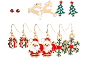QOMJUFA 6 Paia Orecchini Natalizi Bambina, Orecchini Natalizi Donna Senza Buco, Orecchini Babbo Natale, Accessorio Ciondoli Anallergici Regalo Mini Orecchini Pendenti