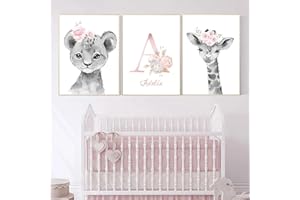 Youihom 3 Affiches Prenom Bebe Animaux Rose et Gris Poster Girafe Lion Lapin Koala Tigre Chambre Fille Garcon Tableaux Mural Animal Deco 30x40 sans Cadre