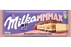 ‎MILKA Milka Mmmax Strawberry Cheesecake – Alpenmilch-Schokolade mit Erdbeer-Crème und knusprigen Keksstücken – 300g