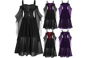 FUNALOE Halloween Costumes Sales Women's Plus Size Vintage Goth Halloween Dress Corset Medieval Dress Cold Shoulder Butterfly Sleeve Lace Up Dress Prom Cocktail Renaissance Clothes Witch Fancy Dress
