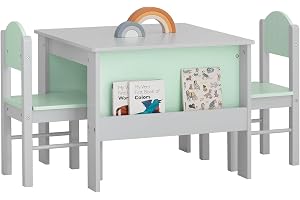 SoBuy Skrivbord för barn med stol Skrivbord med förvaringsskåp KMB88-HG | 3-delat set med 2 sidohyllor för böcker, rundade hörn, MDF KMB88-HG