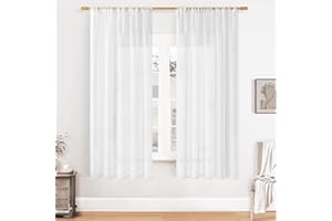 Softalker Vorhänge mit Stangendurchzug Gardinen Weiss Transparent in Leinen-Optik Voile Vorhang Kurz Durchsichtig Gardine schal 160 cm Hoch für Schlafzimmer Fensterschal 140 cm Breit, 2er Set