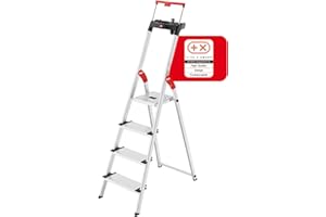 Hailo L85 ComfortLine Alu-Sicherheits-Stehleiter - 4 XXL-Stufen belastbar bis 150 kg - Tiefe Standfläche & Haltegriff - Stehleiter mit Ablage - Aluleiter Made in Germany - Leiter rostfrei - Silber