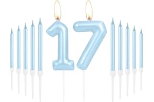 MCISKIN Happy 17th Birthday Candles, Blue Long Stick Birthday Candles, Number 17 Candle, Birthday Candles for Cake, Cake Candles Cake Topper for Boy Girls Birthday Party 17th Wedding Anniversary Decorations