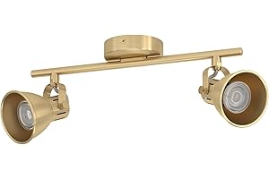 Eglo Rail spot LED Seras, rampe de 2 spots orientables, barre de spots pivotants, plafonnier en acier laiton brossé et doré, lampe de plafond avec ampoules GU10, blanc chaud