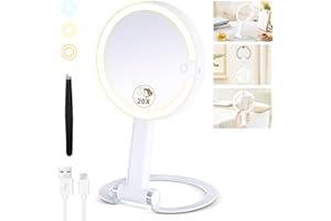 MOMOKUBA Magnifying Mirror with Light 20X/1X, Lighted Makeup Mirror with Magnification, Make Up Mirrors Stand Up Double Sided, Magnified Travel Mirror with Lights, Rechargeable 3 Color Dimmable