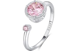 Qings Anillos Mujer Plata Ajustables Abierto Anillo Compromiso Solitario Anillo Piedra de Nacimiento Promesa Anillos de Aniversario para Mujer