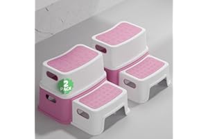 DEANIC Taburete Baño Niños, Escalon Infantil Peldaño 30cm(L) X37.5cm(W) X25cm(H), Antideslizante Escalera 2 Peldaños Infantil (2-Pack Rosa)