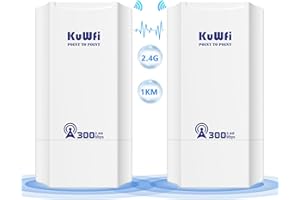 KuWFi 2.4G Point to Point WiFi Bridge, 300Mpbs Wireless Bridge Outdoor CPE with 12dBi High Gain Antenna, 1KM Long Range WiFi Extender, Ethernet Bridge for Starlink, Garden, Business, Farm, 24V PoE