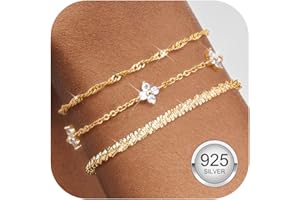 Finrezio Women's 925 Silver Bracelets, Set of 3, Gold 14 Carat Gold-Plated Bracelets, Women's with Cubic Zirconia, Adjustable Bracelet, Silver Jewellery for Women