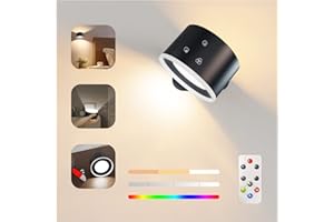 Feallive Lámpara de Pared, Aplique con Mando a Distancia Ambiental RGB Regulable con Batería Recargable, Función de Temporizador de 1 Hora con Control Táctil 360° Giratoria (Negro + Luz de colores)