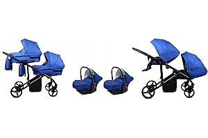 BabyLux® Bambini Passeggino per gemelli Completo Set 3 in 1 - Duo | Sapphire - Navicella, Canna, Seggiolino Auto - Carrozzina Neonati Sistema Combinato - con Borsa fasciatoio, Copertura antipioggia