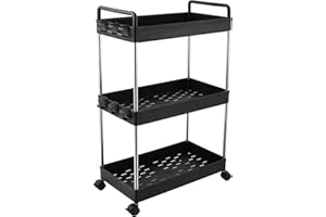 APUUCSE 3-Tier Storage Trolley Slide Out Rolling Utility Shelf Rack Storage Cart on Wheels Multi-purpose Shelving Unit Organizer for Kitchen/ Bathroom/ Laundry Room/ Office,Plastic & Stainless Steel(Black)