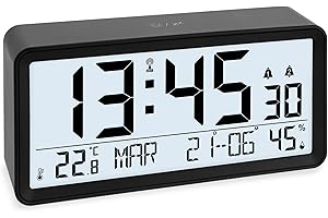 ADE Reveil Matin radiopiloté avec Grand Chiffres | Horloge numerique avec Calendrier | réveil numérique avec temérature et humidité | réveil a Piles | Noir