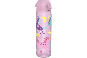 ION8 Butelka na Wodę, 500 ml/18 oz, Szczelna, Łatwe Otwieranie, Bezpieczny Zamek, Można Myć w Zmywarce, Bez BPA, Higieniczne Pokrycie, Uchwyt do Przenoszenia, Łatwa Czyszczenie, Liliowe Jednorożce