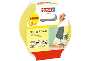 tesa målartejp Professional - 2-pack - Gul - 25 m x 25 mm | Målartejp av extra tunt washi-papper - för särskilt noggrann avmaskering vid målningsarbeten, både inomhus och utomhus