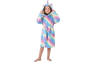 YLLSOPHAN Girls Hooded Unicorn Bathrobe Robe Dressing Gown Nightwear Fleece Attached Belt Knee High Length