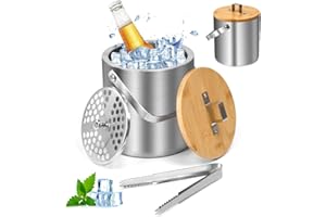 UHETLET 1.3L Eiskübel mit Deckel Zange Edelstahl Eiswürfelkühler Eisbehälter Eiskühler für Eiswürfel Isolier Eiswürfelbehälter Groß Doppelwandig für Wein Bier Eiskübel mit Deckel Sieb Eiswürfelform