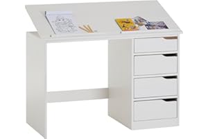 IDIMEX Kinderschreibtisch Emma aus Kiefer Massivholz, weiß - Schreibtisch mit neigungsverstellbarer Tischplatte, schöner Jugendschreibtisch mit 4 Schubladen