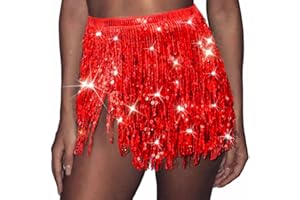 Ushiny Festival Outfit Christmas Sequin Tassel Skirt Costume Rave Mini Skirts New Year Eve Ballet Dance Fringe Hip Scarf Glitter Sequin Skirt for Women and Girls