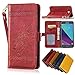 Produktbild Samsung Galaxy J3 2017 Leder Hülle,Handy Hülle Tasche Samsung Galaxy J3 2017,Ledertasche für Samsung Galaxy J3 2017,Leweiany Handytasche Samsung Galaxy J3 2017 Schutzhülle aus Echt-Leder Retro Blumen Prägung Hülle im Ständer Bookstyle Wallet Tasche Flip Brieftasche Etui Schale mit Kartenfach, Magnet und Praktischer Standfunktion Luxus Tasche für Samsung Galaxy J3 2017 - Premium Hülle in Rot