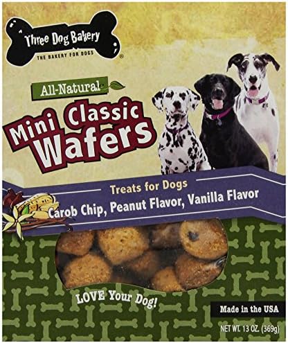 Three Dog Bakery 13-Ounce Classic Wafers Miniature Carob Chip, Vanilla and Peanut Flavors Baked Dog Treats