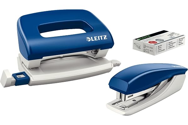 Leitz Set Mini Agrafeuse Et Perforateur, Capacité 10 Feuilles, Bleu, Boîtier Ergonomique, Agrafes Incluses, Gamme NeXXt, 55076035