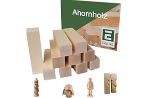 Edpas Legno da Intaglio in Acero - Set da 10 Blocchi di Legno + Modello di Intaglio (10x2,5x2,5 cm) -Tornitura in Legno d'Acero - Pratici Blocchi di Legno per Tornitura - Legno da Intaglio per Bambini