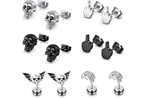 PiercingJak 6 Pairs Gothic Skull Earrings for Men Women Punk Stainless Steel Silver Black Finger Stud Earrings Rock Ear Piercing Earrings Gothic Jewellery for Halloween