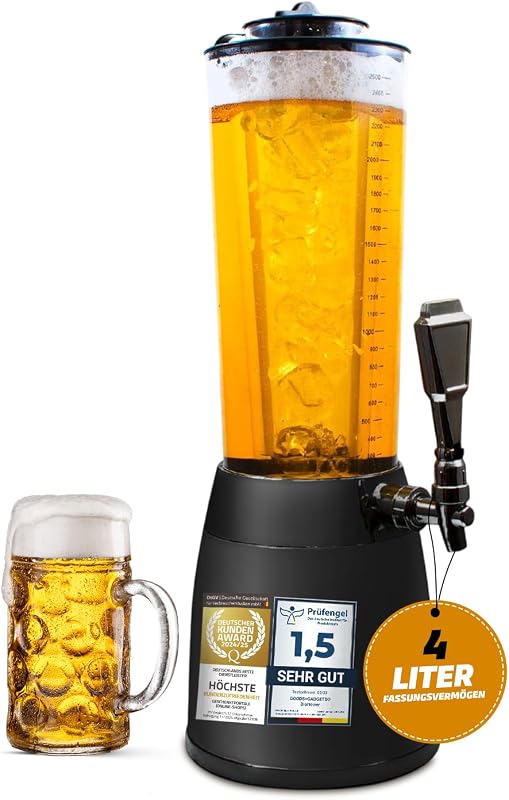Biertower 4,0 Liter – Kult Biersäule mit LED-Beleuchtung & Eiskühlung – XXL Trinksäule Getränkespender mit Präzisions-Zapfhahn – Robuste Zapfsäule für Party, Grillen & Events – Getränkesäule Schwarz