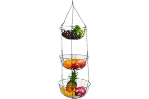 Sysow - Frutero colgante con gancho, 3 niveles, estante colgante de altura ajustable, para colgar en estilo rústico, cesta de hierro, cesta colgante de frutas para cocina y restaurante