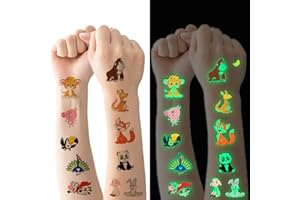 Flyftrey Tymczasowe tatuaże dla dzieci, 10 arkuszy świecące naklejki fałszywe tatuaże, zestaw tatuaży ze zwierzętami, chłopiec dziewczyna urodziny impreza gra prezenty zabawki