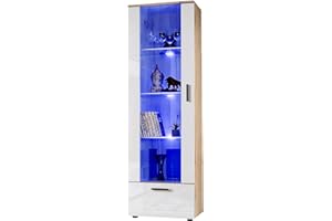 ExtremeFurniture Tall Free Standing Display Cabinet for Living Room or Bedroom with 3 Glass Shelves, LED, 60 x 192 x 42 cm, Modern Design, Wotan Matt and White High Gloss