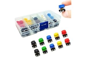 acdokuk 80 Pcs Tactile Buttons Switch Assortment Kit, 40 Micro Momentary Tact Button 12x12x7.3mm with 5 Colors Round Cap, 8 each of each Colour Keycap, Lockless Push Button Switch for DIY