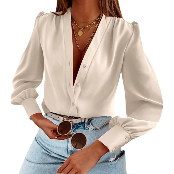 Camicia elegante da donna in chiffon a maniche lunghe con fiocco e colletto con bottoni, Camicia bianca, S