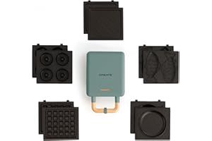 CREATE/STONE STUDIO/Tostiera individuale per sandwich e waffle Verde salvia / 5 piastre intercambiabili: sandwich-grill, waffle, taiyaki, pancake e ciambelle, antiaderente, apertura 100º, 600W